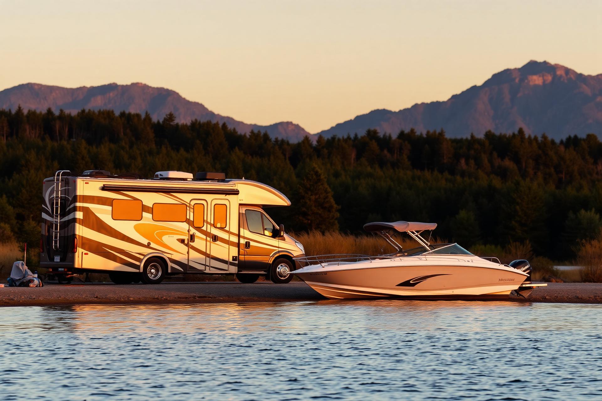 RV and boat at a scenic lakeside campsite at sunset